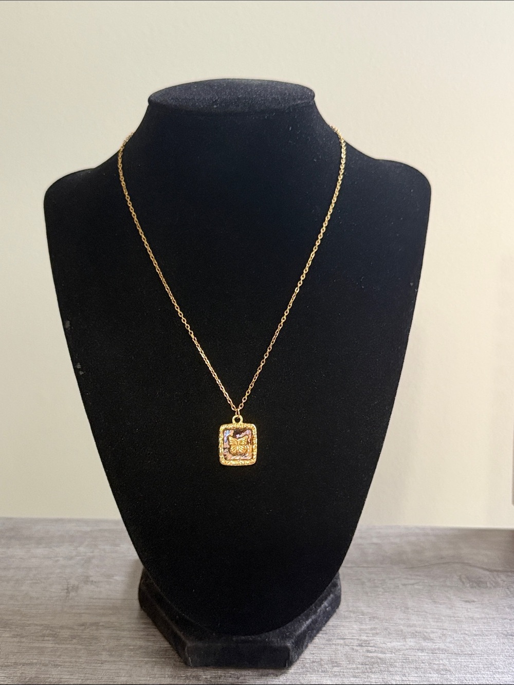 Gold plated stainless steel square butterfly pendant necklace